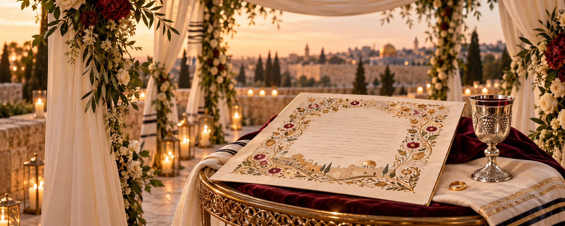 An ornate ketubah displayed on an elegant table beneath the chuppah, beside a ring and a silver wine goblet