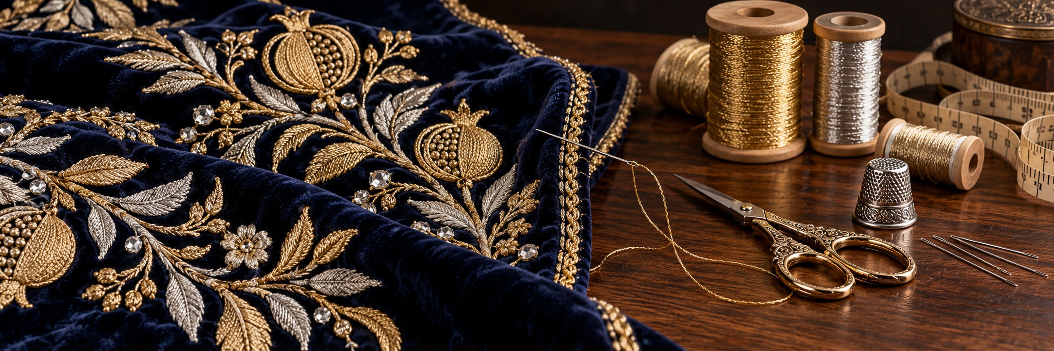 Embroidery, thread and sewing tools for making a Torah mantle Embroidery, thread and sewing tools for making a Torah mantle