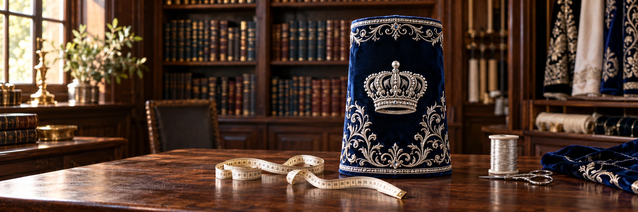 A navy velvet Torah mantle with silver embroidery beside a tailor's measuring tape A navy velvet Torah mantle with silver embroidery beside a tailor's measuring tape