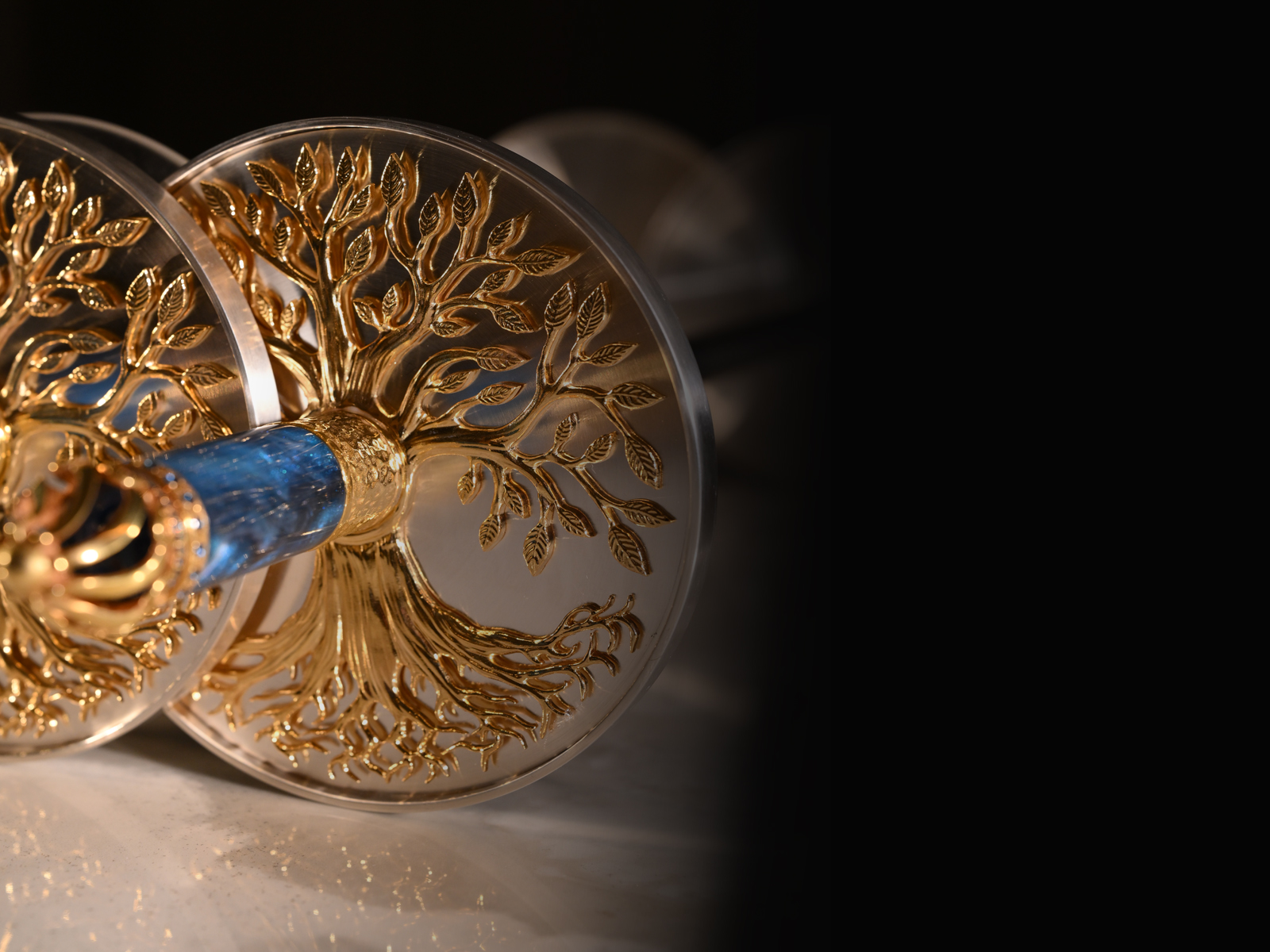 Atzei Chaim with a Gold Tree of Life and Blue Handles Atzei Chaim with a Gold Tree of Life and Blue Handles