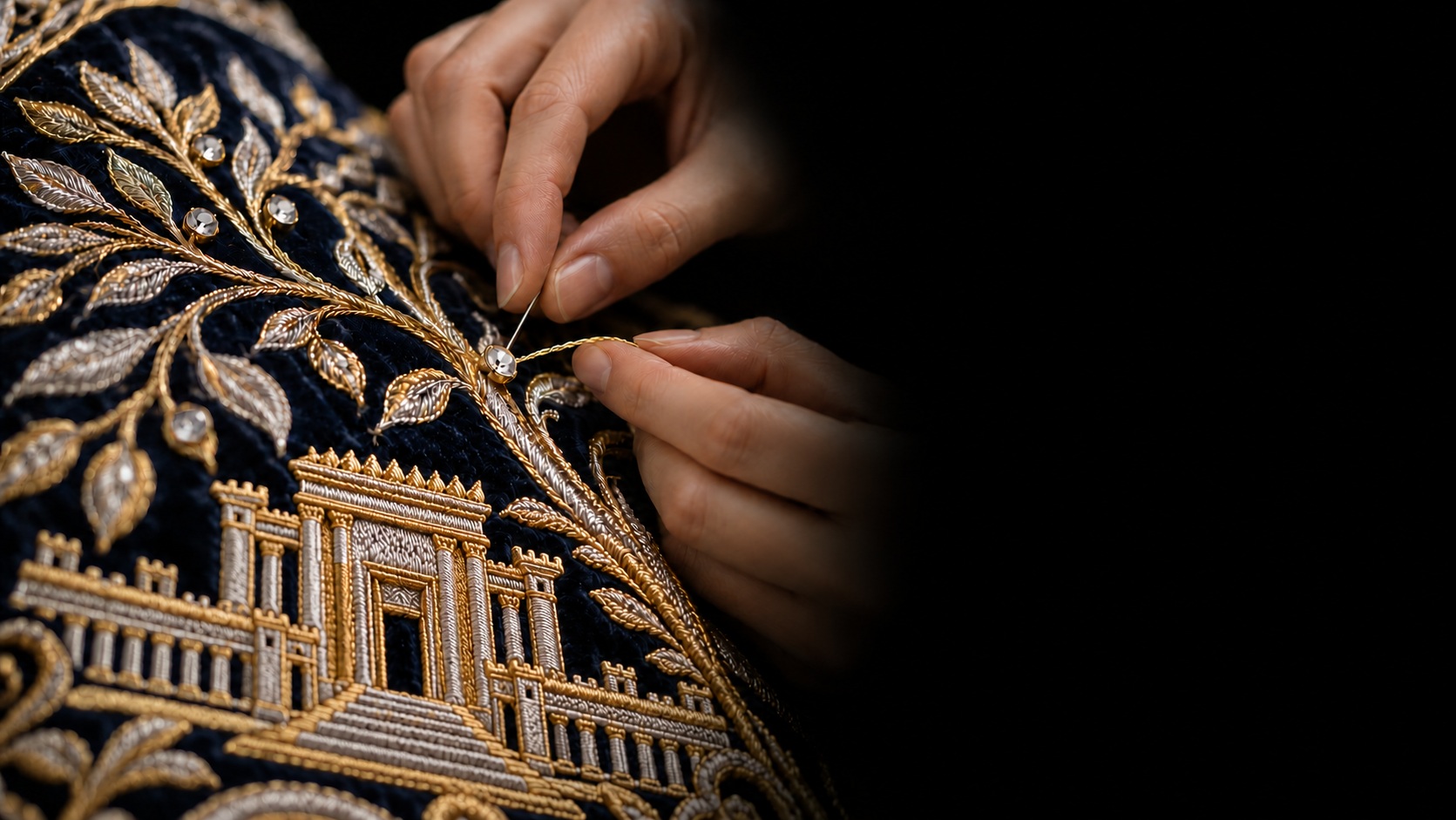 Hand-sewing a stone onto a Torah mantle with Temple embroidery Hand-sewing a stone onto a Torah mantle with Temple embroidery