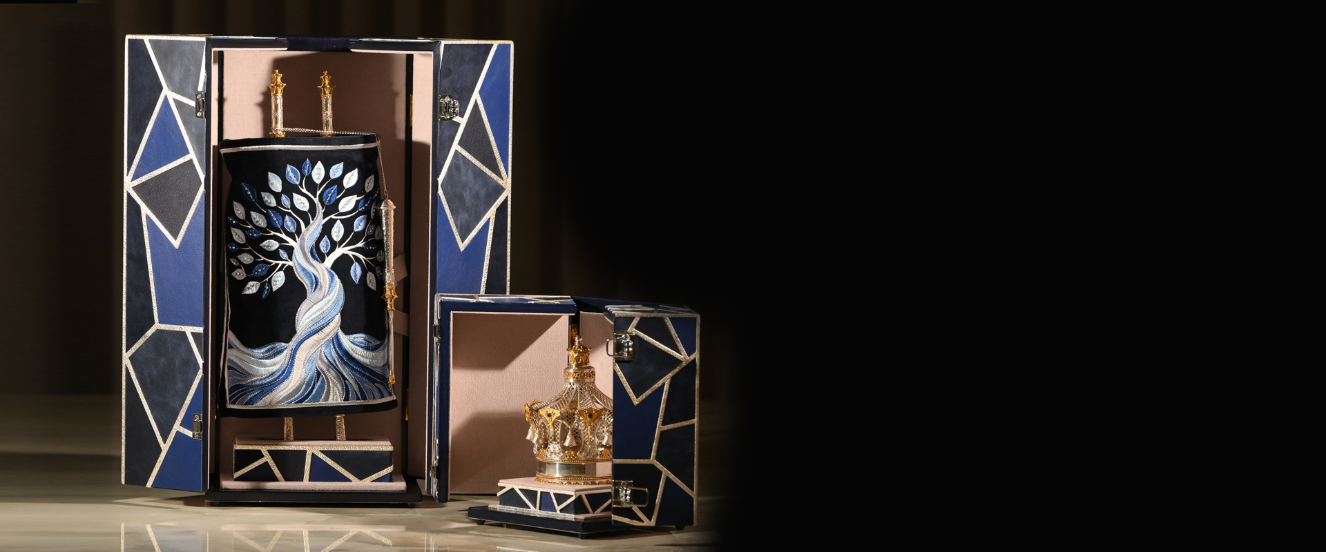 Modern Blue Torah Carrying Case with Mantle and Crown Modern Blue Torah Carrying Case with Mantle and Crown