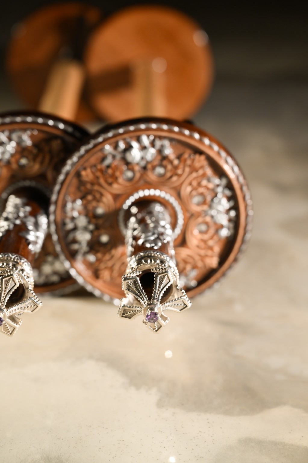 Hand-Painted Wood and Silver Torah Rollers - Photo 1